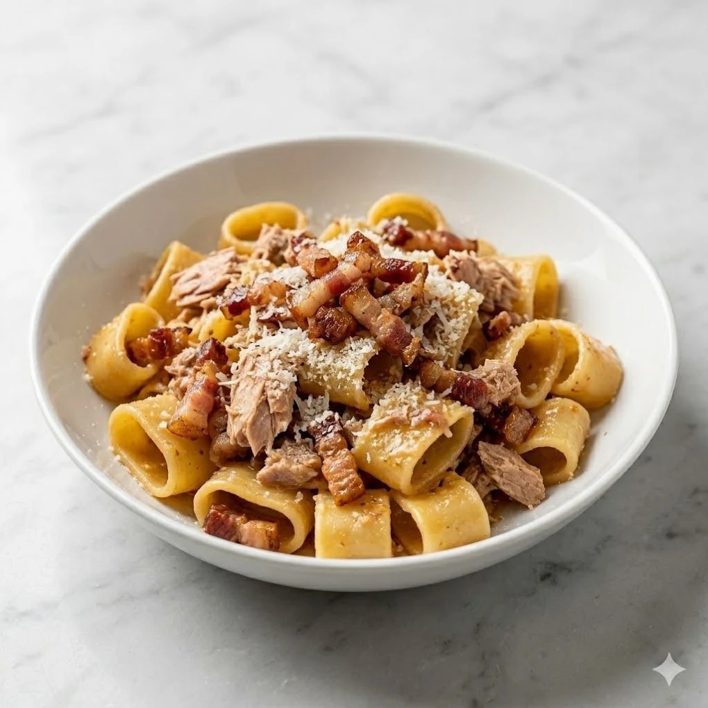 Calamarata pancetta e tonno